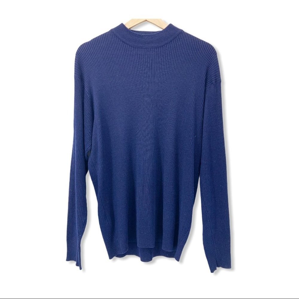 Tom James Navy Silk Blend Ribbed Mock Neck Sweater